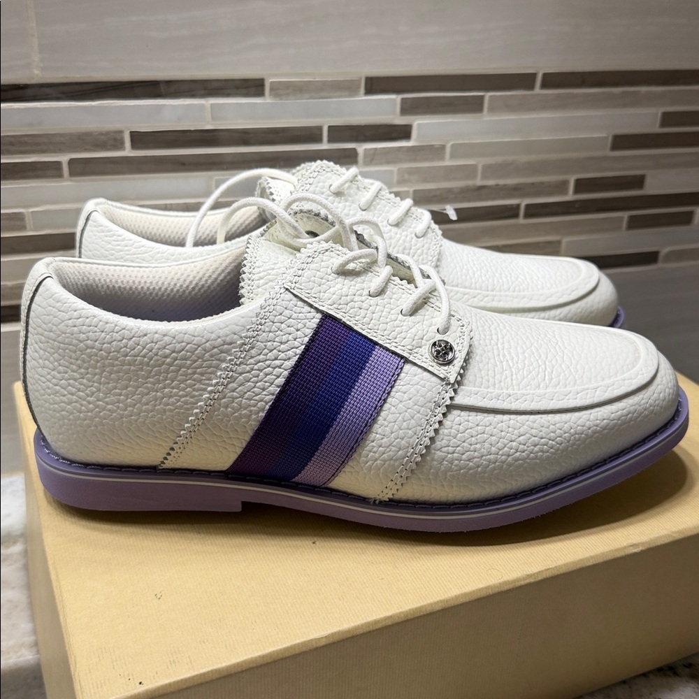 G/Fore Grosgrain Brogue Gallivanter Golf Ivory purple ladies shoes size 7,5 - Picture 2 of 11